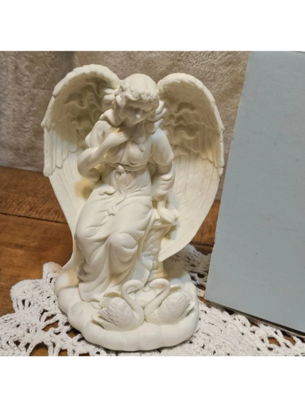 Party Lite Porcelain Bisque  ANGEL OF LOVE Taper Candle Holder With Swans W/Box